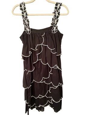 Love Moschino Black White Mini Scallop Tier Mini Dress Floral Embroidered Strap